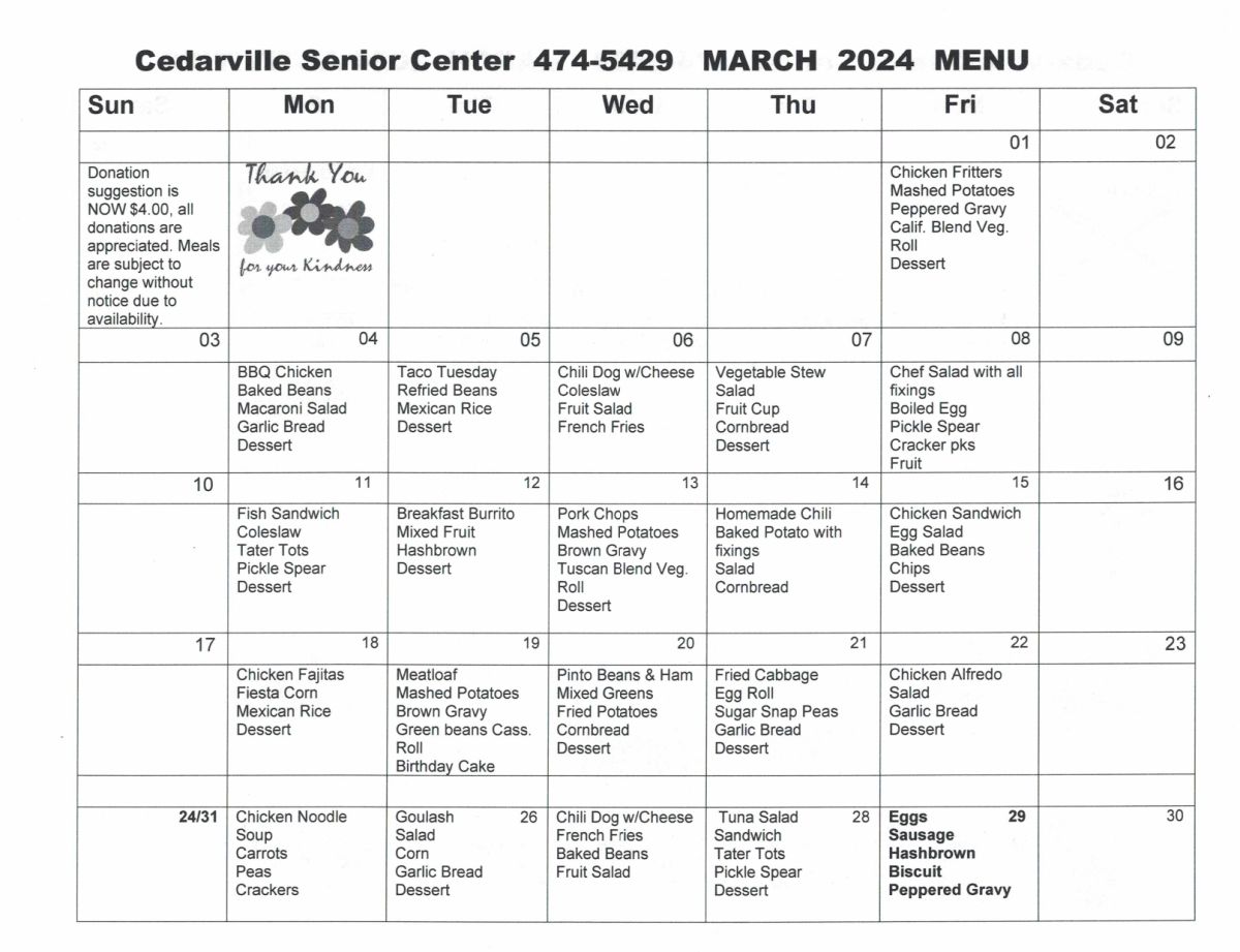 March 2024 Senior Center Menu